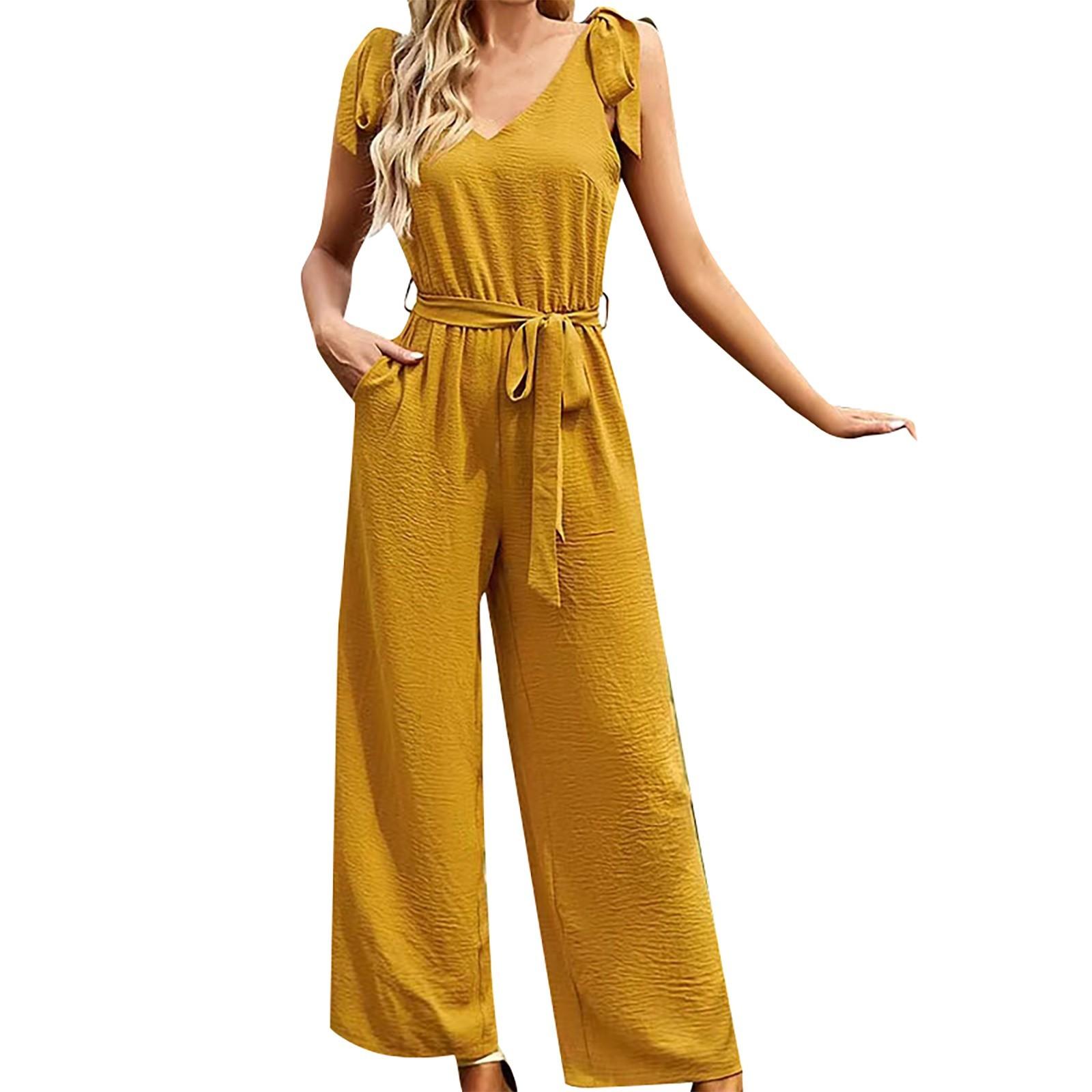 

Женский повседневный свободный однотонный комбинезон без рукавов с завязками и укороченными брюками XL жёлтый