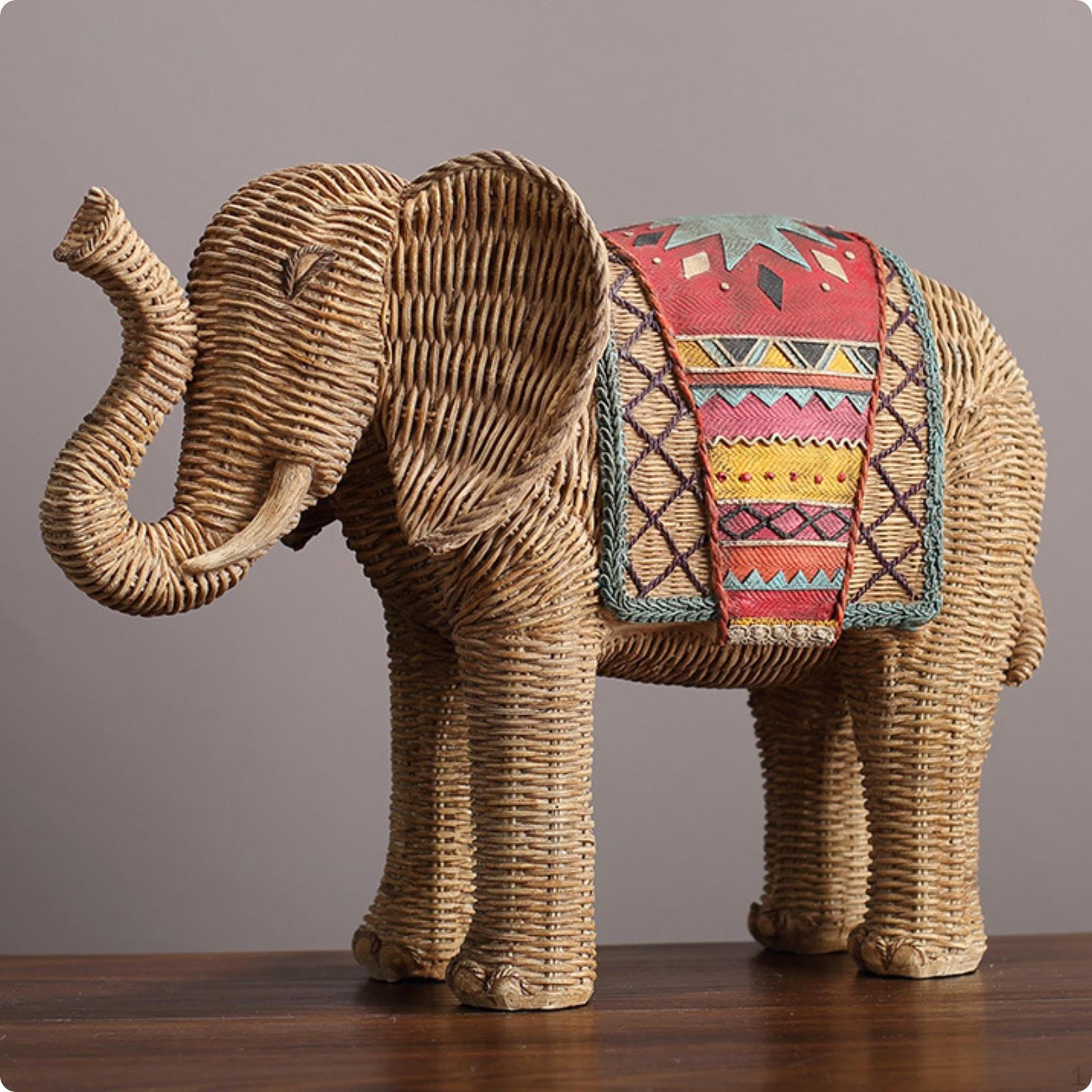 Rattan Elephant Figurine Multicolor Patterned Decorative Tan Brown for Cabinet