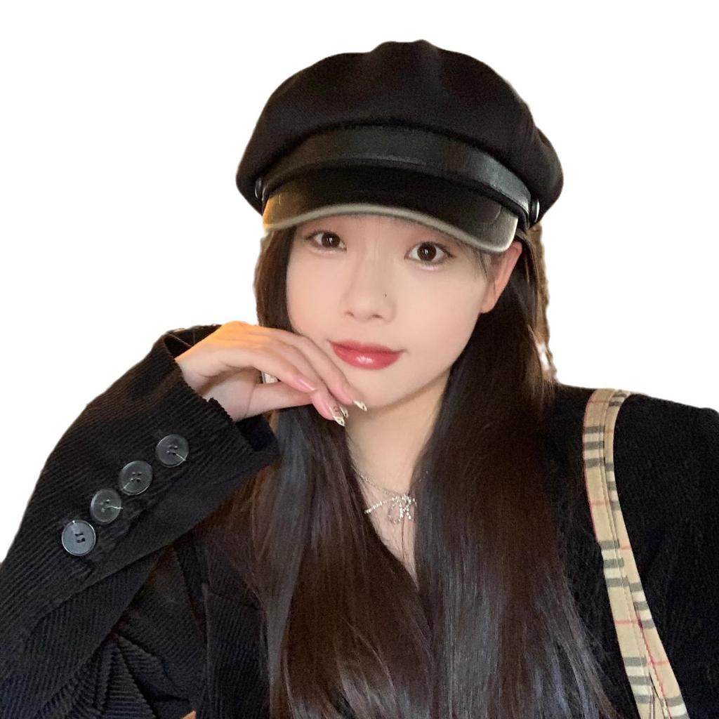 Retro Style Distressed Leather Octagonal Hat Chic Style Face showing Versatile Bailey Newsboy Hat for Women