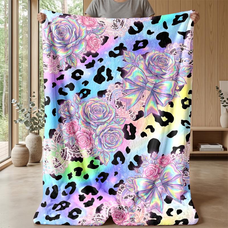 Rainbow Leopard Roses Bow Theme blanket Lightweight Warm Flannel Blanket Decorative Throw Blanket for Home Decoration