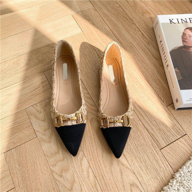 

Temperament pointed single shoes women s spring and autumn versatile small fragrant soft-soled flat shoes light mouth color matching new metal buckle 35