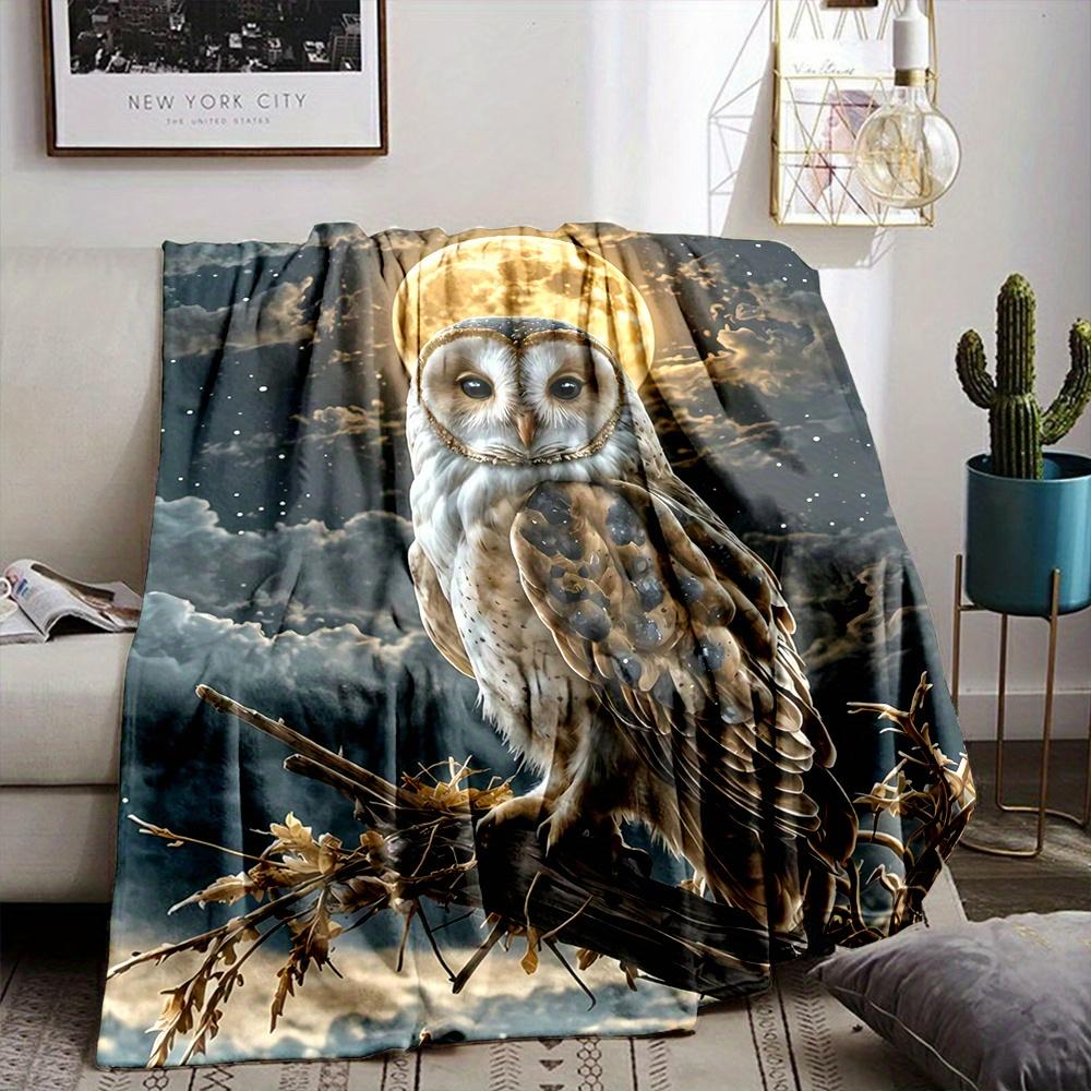 Cozy All-Season White Owl on Tree Top Print Throw Blanket - Soft, Warm Flannel with Starry Night Design for Couch, Bed, Office