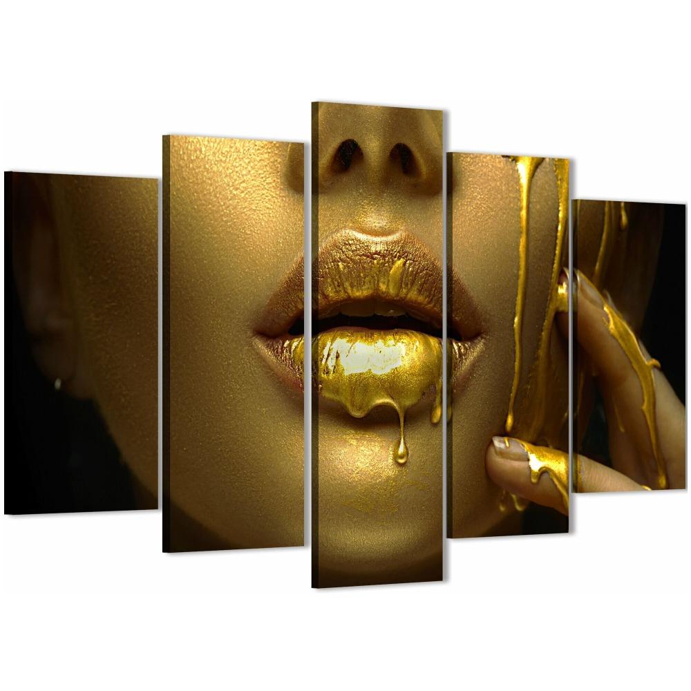 

Набор из 5 предметов Gold Bigold Lips модульная настенная живопись на холсте, украшение для семейной гостиной Medium Size Unframed Canvas
