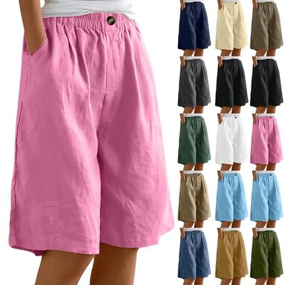 Damenmode Einfarbige Hosen Tasche Button Up Capris Lose Elastische Taille Baumwolle Leinen Shorts Hosen Damenhosen