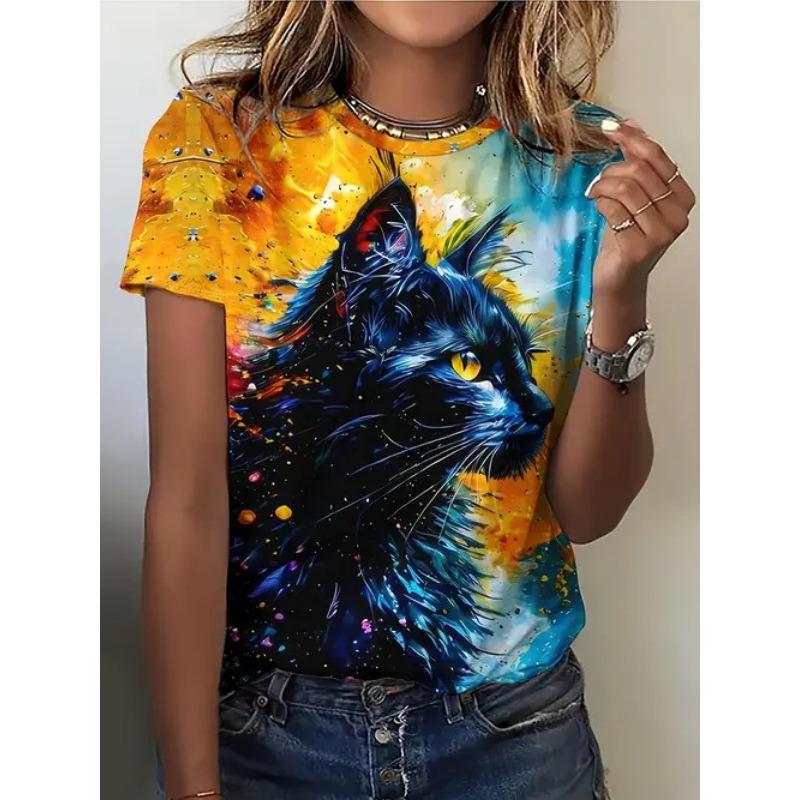 Summer Round Neck Short Sleeved Casual Versatile Top with Animal Print Women's T-shirts