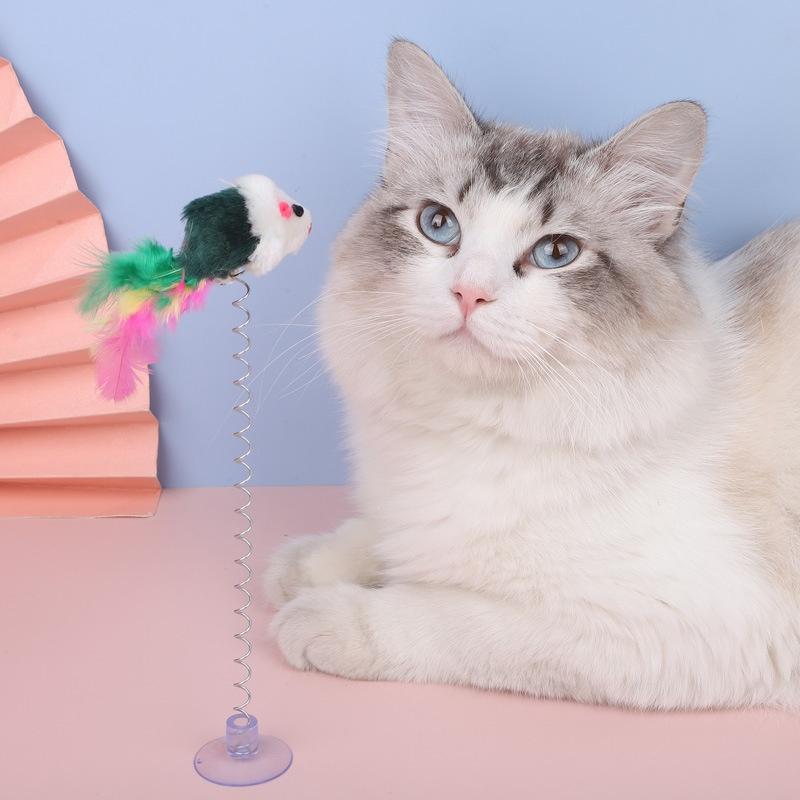Spring Cat Toy Interactive Suction Cup with Spring Mouse Feather Pet Toy Random Color Cat Accessories