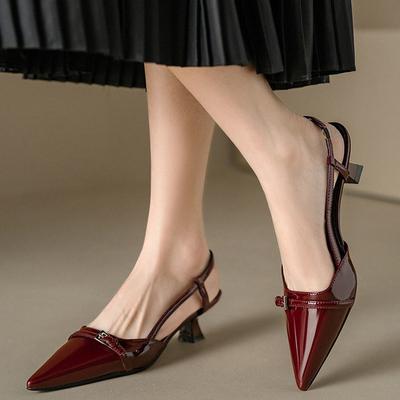 Baotou Sandals Women'S Summer Patent Leather Pointed Middle Heel Cat Heel Shoes French Temperament Small High Heels Empty Single Shoes