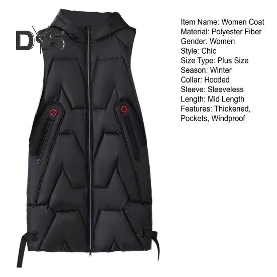 Women Winter Waistcoat Hooded Thick Sleeveless Glossy Surface Padded with Pockets Zipper Closure Mid Length Outdoor Coat