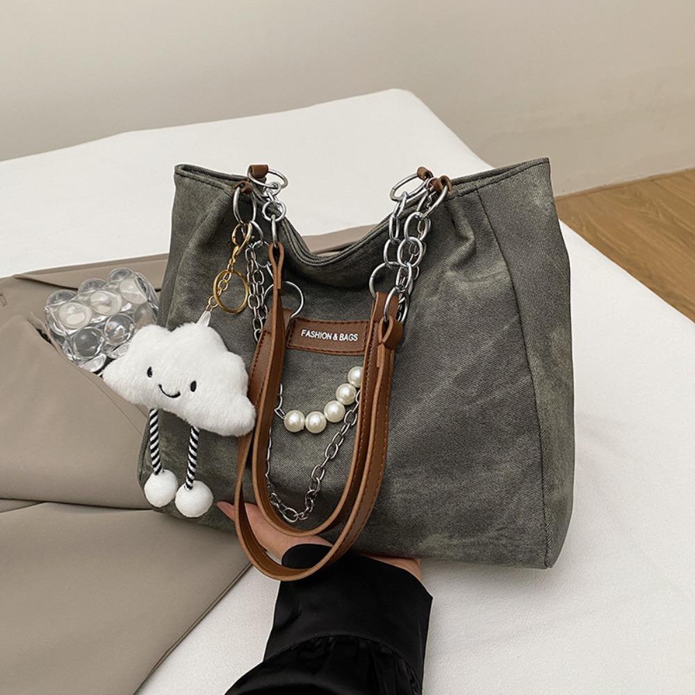 

Chains Tote Bag with Pendant Large Capacity Shoulder Bag Leisure PU Leather Handbag Girls синій