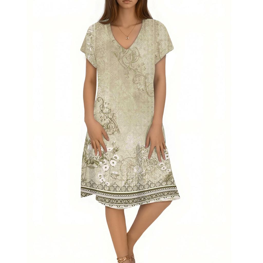 Women's Casual Fashion V-Neck Short Sleeve Floral Print Midi Flowing Dress