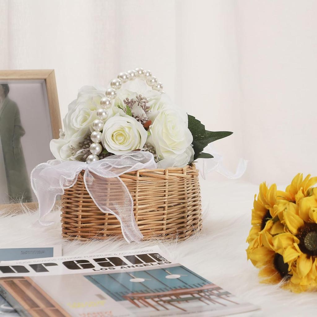 koundeneko Wicker Flower Basket, Pearl Hand, Mini, with Ribbon, Woven Basket, Flower Holder, Wedding, Reception, Girl's Basket, Flower Shower Basket