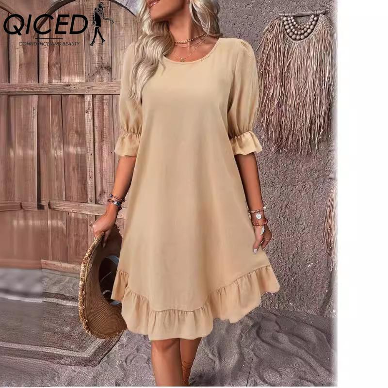 QICED Women's Fashion Summer Spring Solid Color Print O-Neck High Waist Casual Dresses