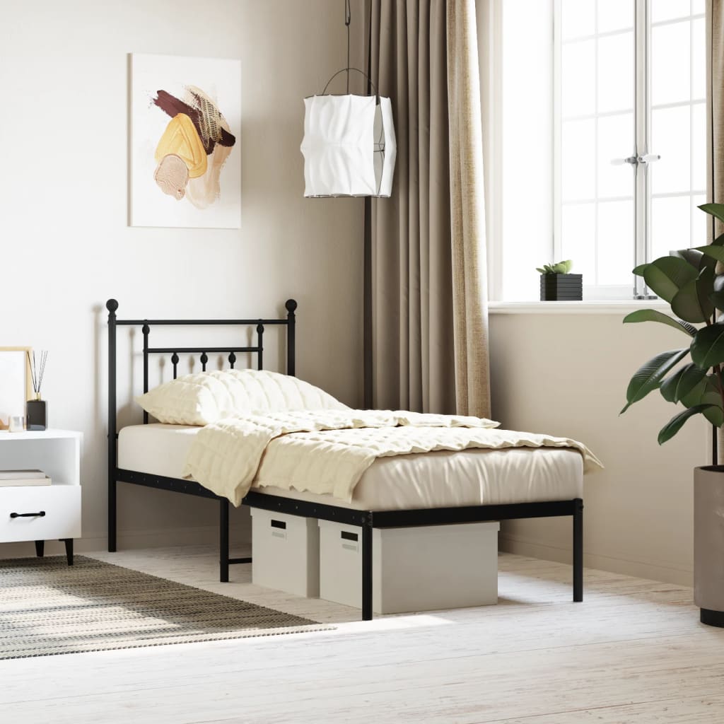 Vidaxl Metal Bed Frame with Headboard, Black, 75X190 Cm