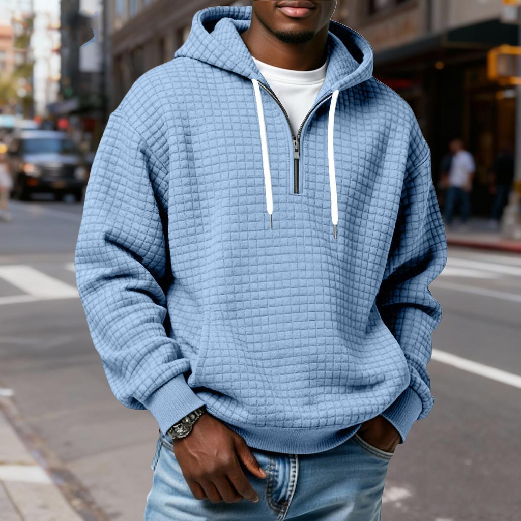 Men's Half-Zip Hooded Plaid Pullover Drawstring Casual Sports Sweatshirt