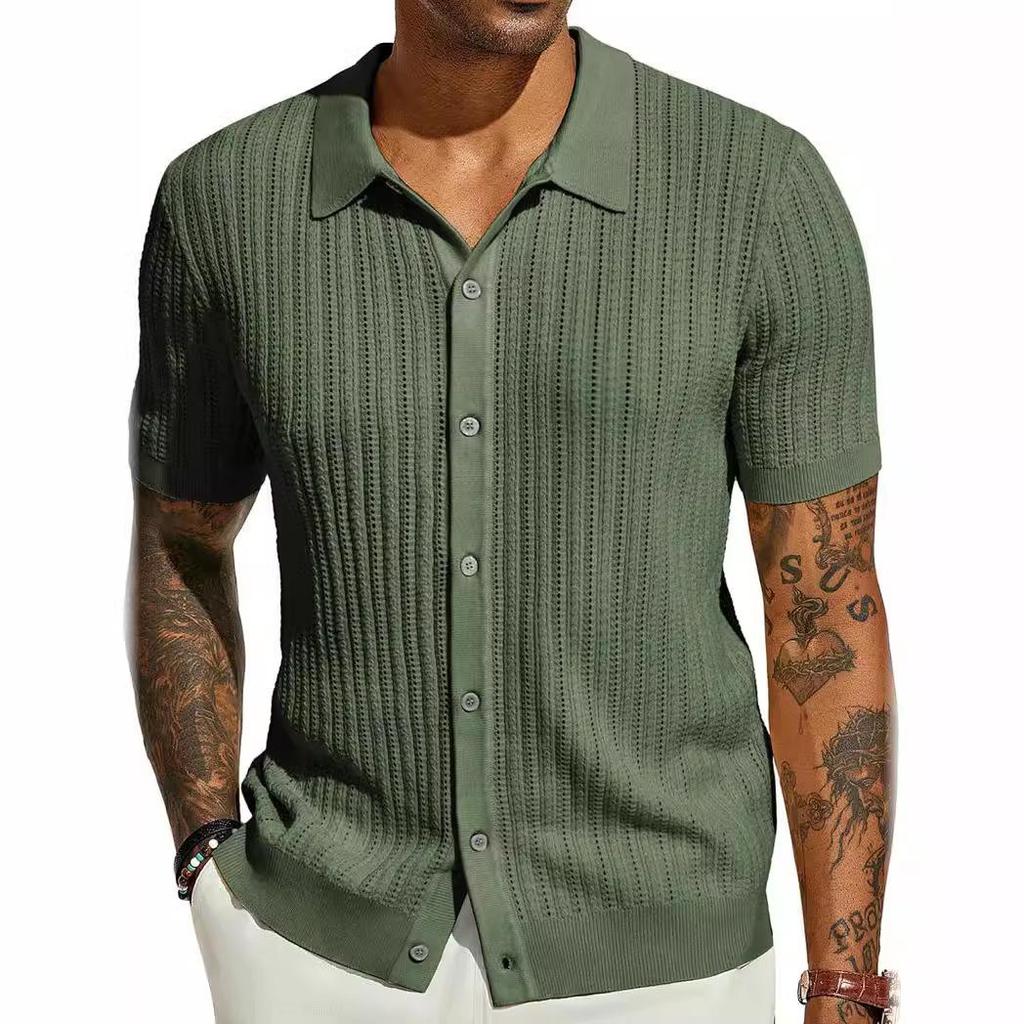 Men's Summer Cool Knit Short Sleeve Collared Shirt - Solid Color, Breathable, Hollow Out Design