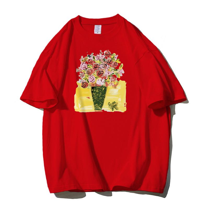 Shellsuning Tričko s potiskem krásných květin pro ženy Letní móda s výstřihem do O Umělecká trička nadměrné velikosti Dámská 100% bavlna Základní měkké topy Harajuku