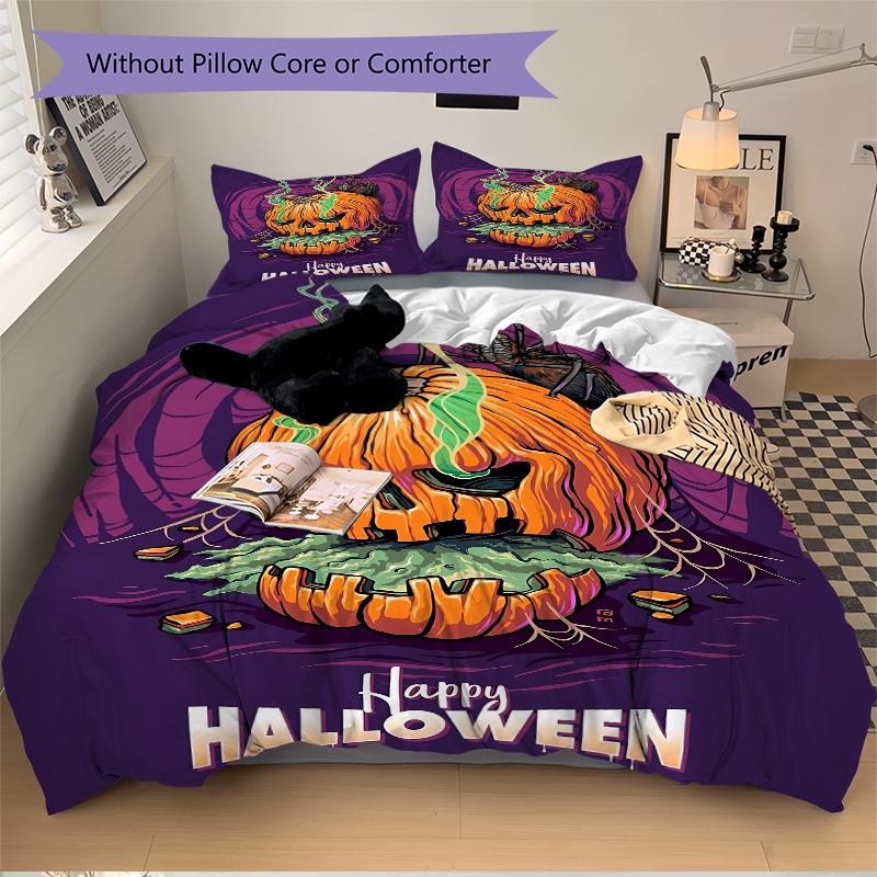 3pcs Halloween Pumpkin Duvet Cover Set - Machine Washable, Includes 1 Cover and 2 Pillowcases, No Core Included Yy251013063
