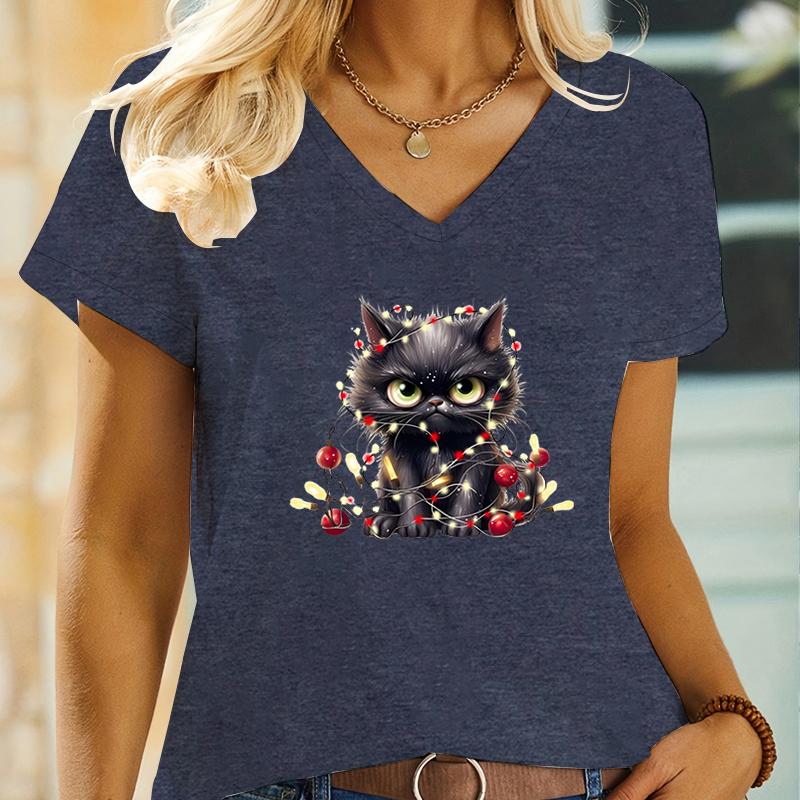 Black Christmas Angry Cat Design T Shirts Womens Short Sleeve Shirt Funny Cute Kitten V Neck Tshirt Women Fashion Animal Tshirt