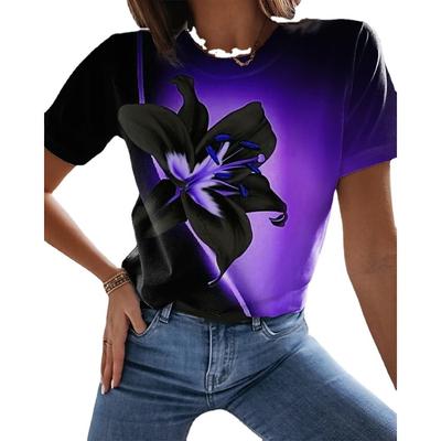 Camiseta Feminina Casual Moderna com Estampa Floral Colorida 3D Digital, Gola Redonda e Manga Curta