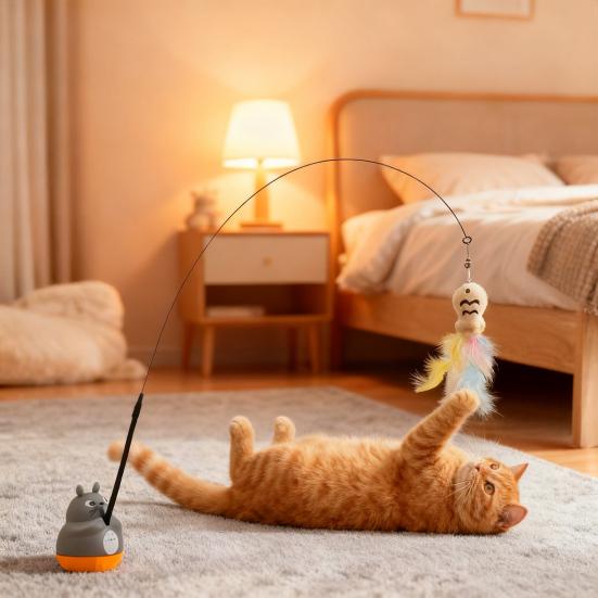 Rotating Cat Teaser Stick Interactive Cat Toy with Feathered Teaser Heads 360-Degree Rotating Base Detachable Wand Self-Play Toy for Small Medium