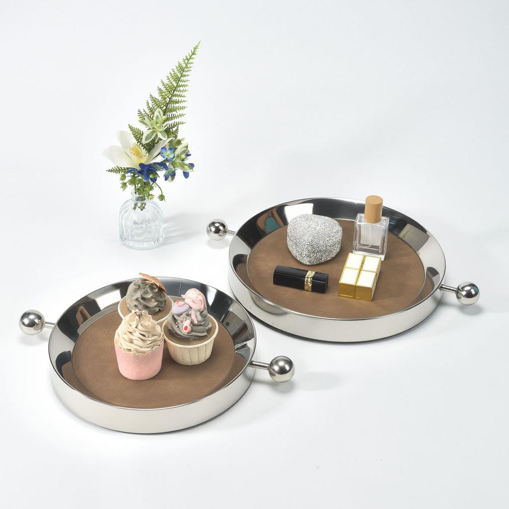Stainless Steel Metal Mirror Leather Tray Circular Silver Handle Plate Desktop Storage Container Jewelry Tray Fruit Plate