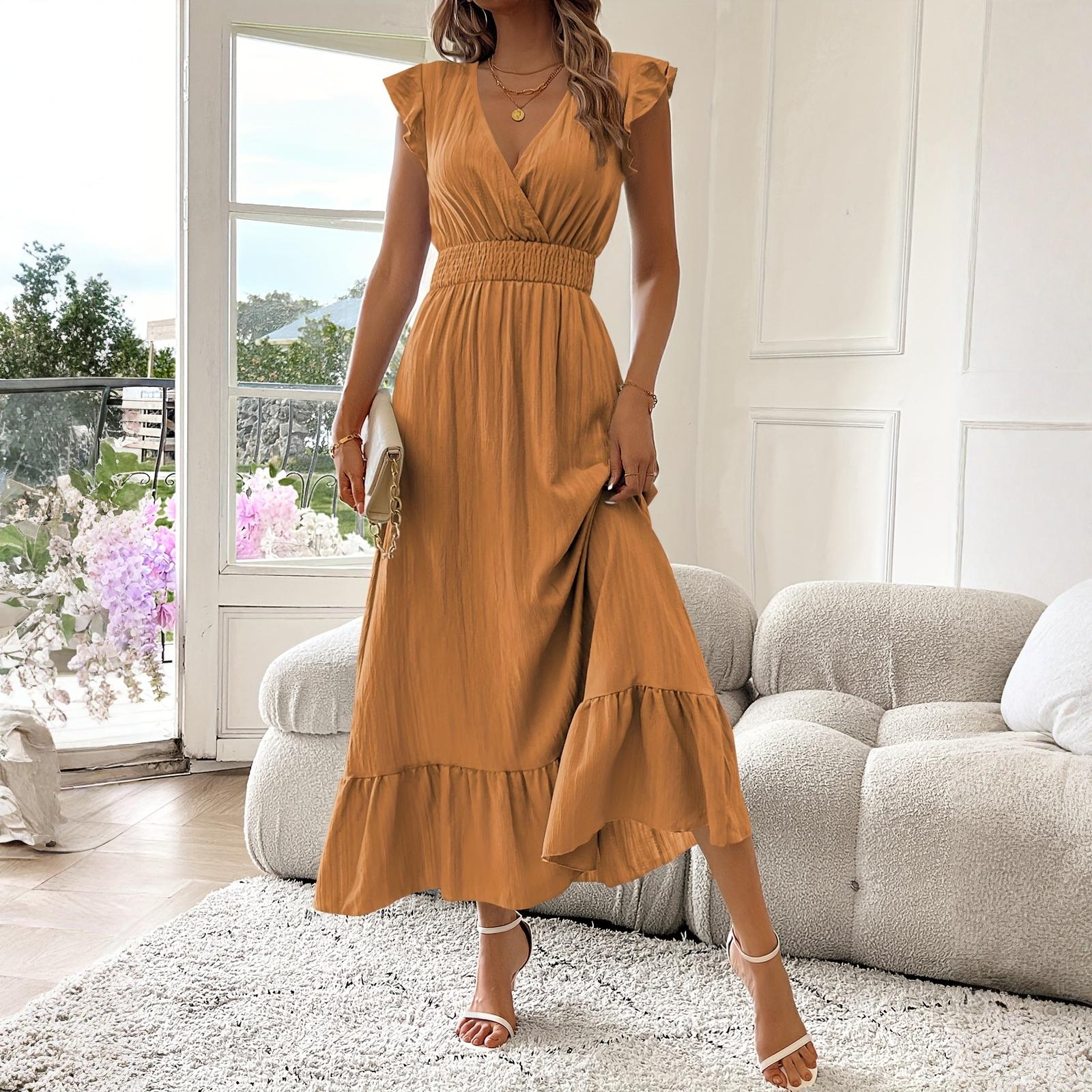 Women s Casual Fashion High-waisted V-neck A-line Dress With Ruffle Sleeves Ruffle Sleeves XXL