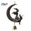 Outdoor Horror Party Supplies Halloween Witch And Black Cat Moon Wind Chime, Vintage on Crescent Chiming Metal Wall Hanging Bell, Gothic Ornament for