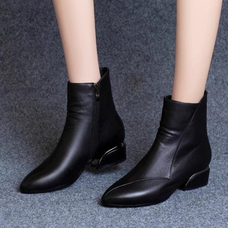 New Women'S Chunky Heel Ankle Boots - Pointed Toe Black Side Zip Low Heel Mom Shoes Autumn Winter Non-Slip Booties