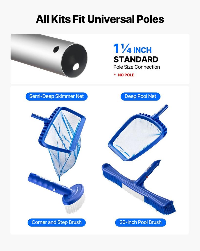 Swimming Pool Cleaning Kit, Includes 2 Detachable Brush Heads (508 Mm / 139.7 Mm) and 2 Pool Skimmer Nets, 4-in-1 Inground/Above Ground Pools Cleaning