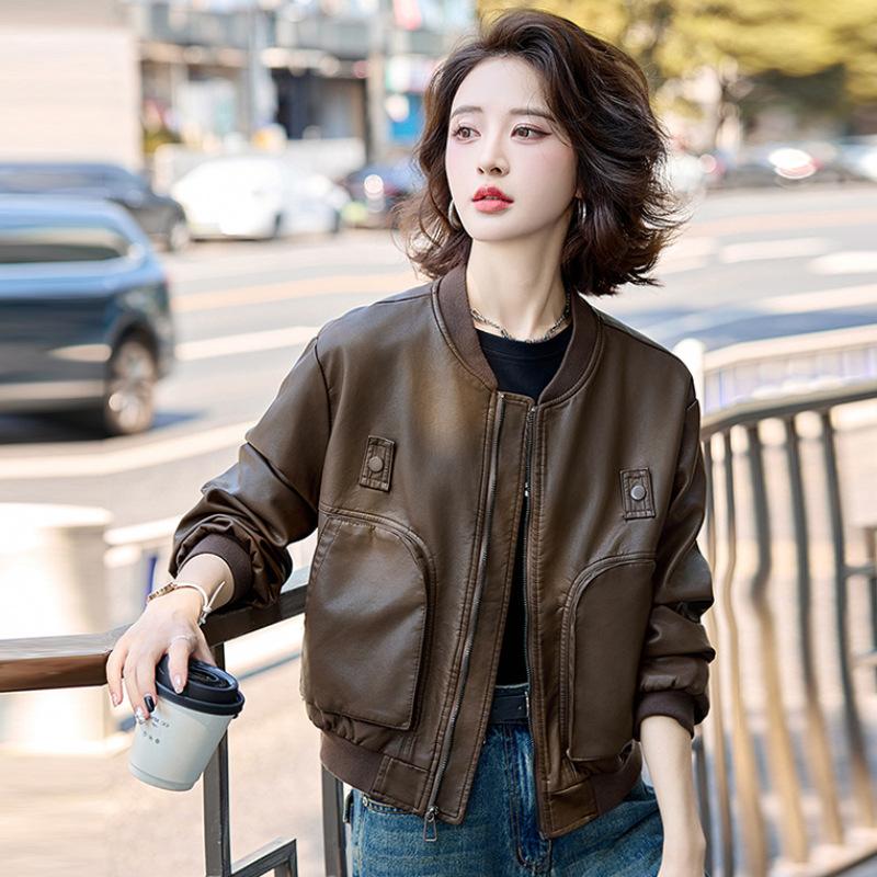 

Короткая кожаная куртка женская весна и осень новая ретро-дизайн куртка-бомбер топ трендовый 2XL