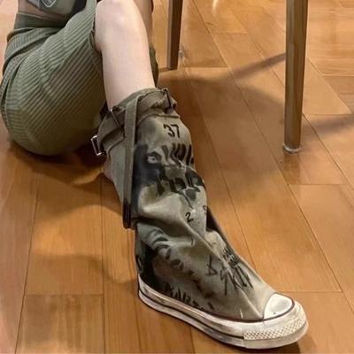 Graffiti Old Canvas Boots Women's Trousers Stacking Boots Thick-soled Medium Boots 2025 New Spring Boots Niche Board Shoes