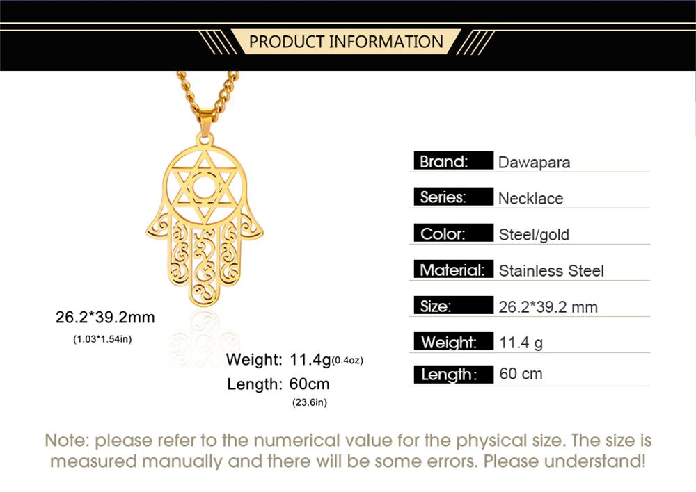 Dawapara  Vintage Filigree Hamsa Hand of Fatima Star of David Hexagram Necklace Good Luck Success Amulet Jewelry Stainless Steel