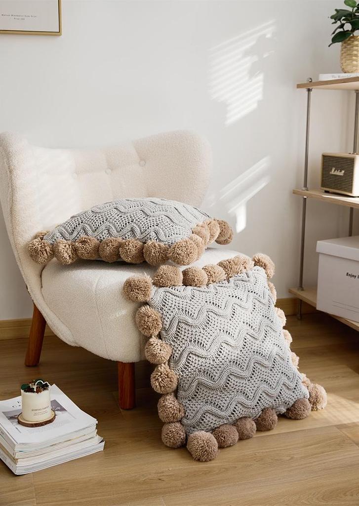 Ruijing Four Seasons Nordic Pom-Pom Chenille Knit Blanket & Cushion Set