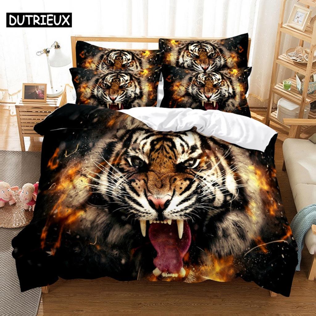 3D Digital Printing Fashion Design Running Tiger Bedding Set, Queen Size Duvet Cover Set