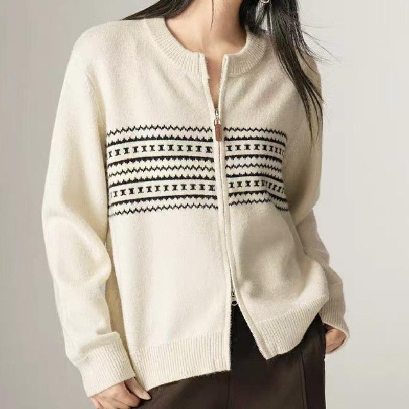 Herbst neues Design Doppelreißverschluss Strickjacke Damenoberteil Retro Jacquard Rundhals Strickjacke Pullover Damen