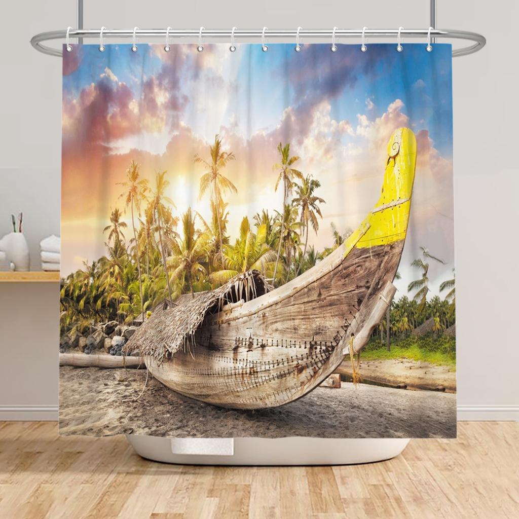 Beach Vacation Shower Curtain Tropical Palm Trees Ocean Waves Starfish Sandy Shore Pattern Waterproof Polyester Bathroom Decor