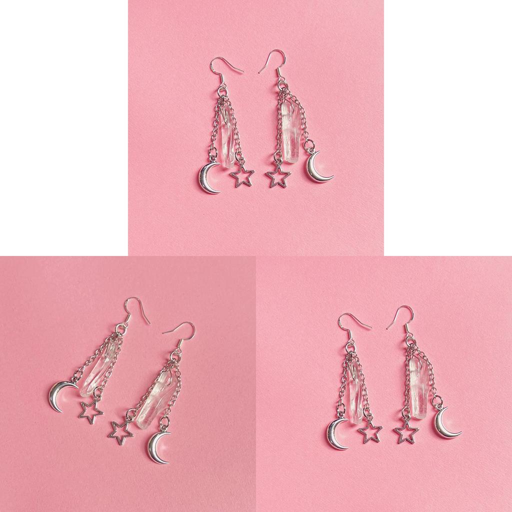 Geometric Water Crystal Moon And Star Earrings With Electroplated Alloy For Fashionable Women