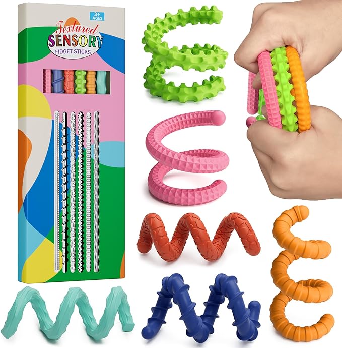 

Toys Kids Childrens 6PCS Flexible Fidget Sticks, Sensory for Adults Stress Anxiety Relief, Calm Down Travel Airplane Classroom Prizes for