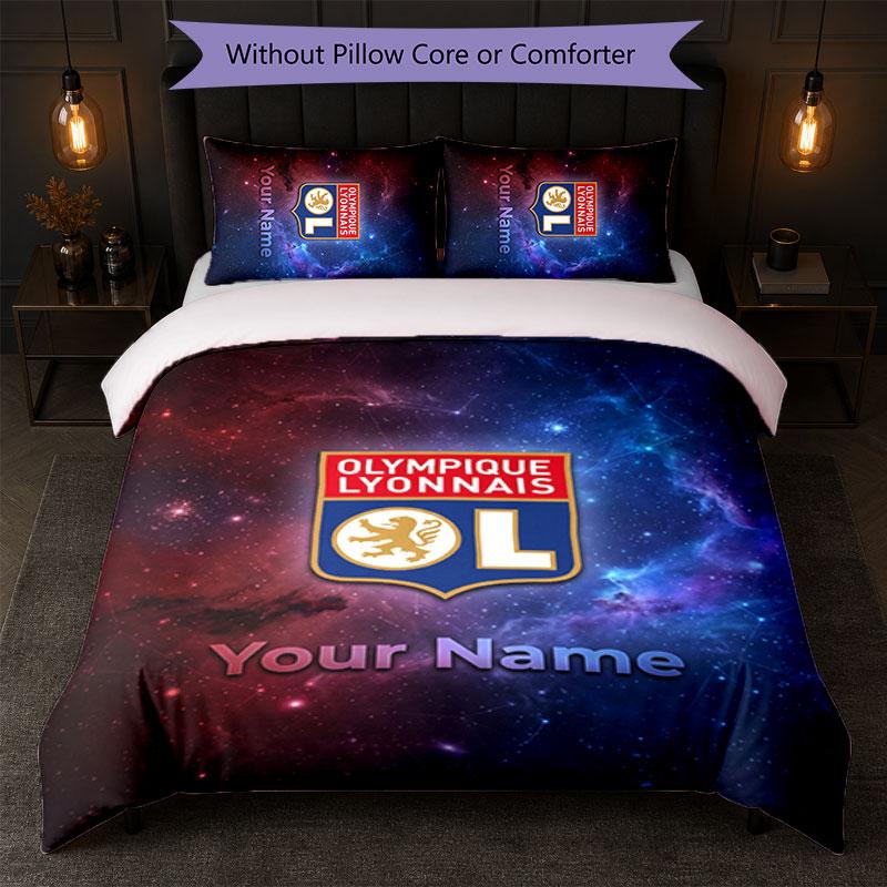 Lyon FC Custom Name Text Bedding Set 1 Duvet Cover+2 Pillowcases Soccer Logo Personalized Gift For Special Occasion Bedroom Decor