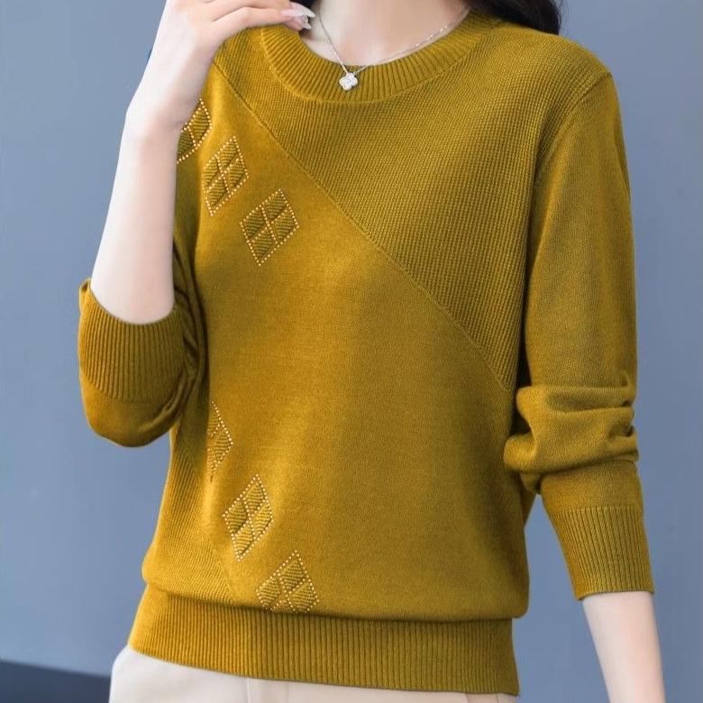 Women's Thin Crew Neck Knit Sweater Spring and Autumn Loose Solid Color Knit Pullover Top