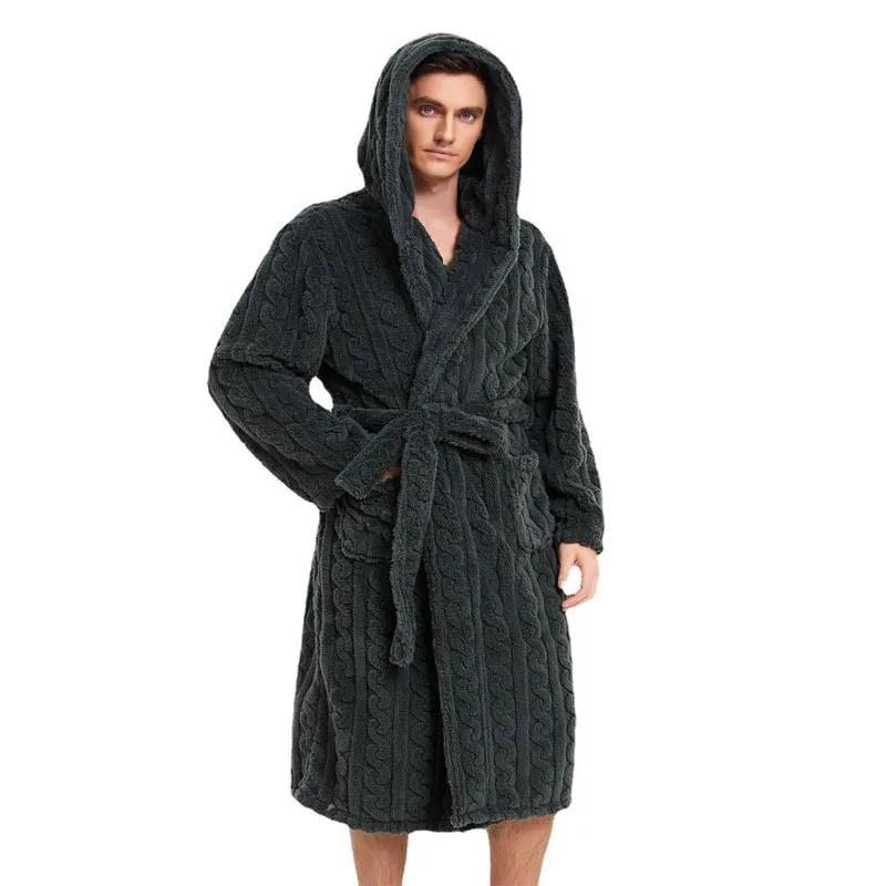Fall Winter Men's Warm Robe Pajamas Couple Robe Shu Cotton Velvet Jacquard Hooded Thickened Couple Robe Homewear