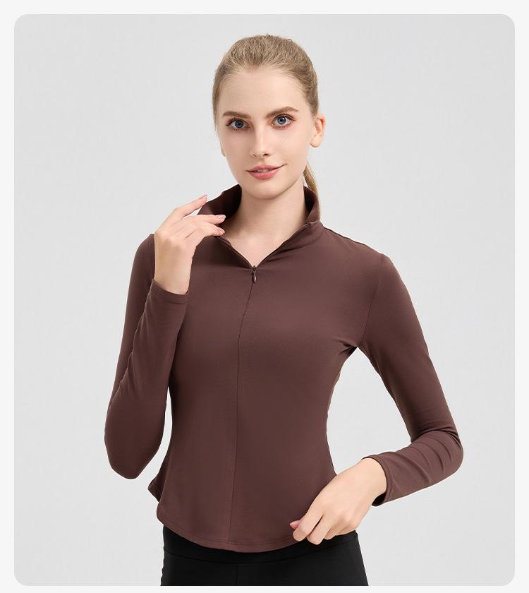 NUF Women's Autumn/Winter Nude-Feel Stand-Collar Half-Zip Yoga T-Shirt - Waist-Slimming Long-Sleeve Fitness Top