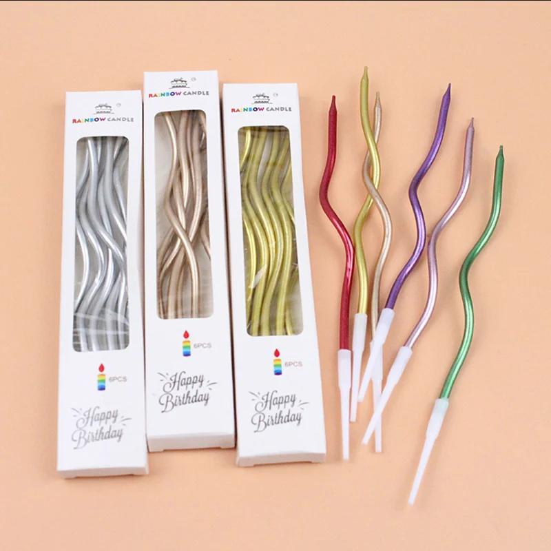 6pcs/lot Curve Birthday Candles, Cake Topper Decoration Pencil Candles,Golden Thread Slender Rod Candle for Party, Home Decor