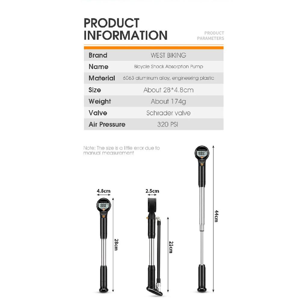 WEST BIKING High Pressure Pump 320psi for Rear Shock Suspension Fork Bicycle Tire Pump Schrader Valve for Mountain Road Bikes