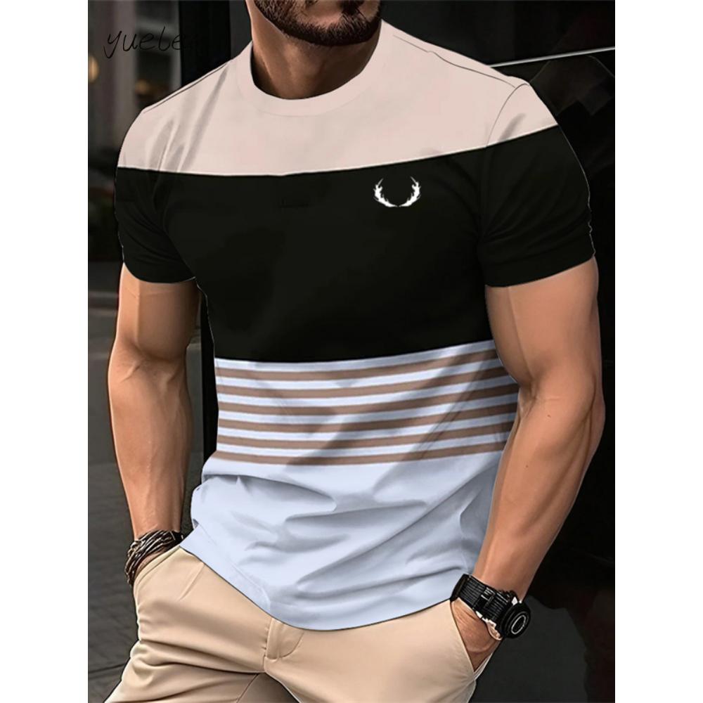 Fashion Striped Printed Men's T-Shirt Summer Breathable Men's Clothing Casual Loose Men Tops Versatile O-Neck Men Short Sleeved
