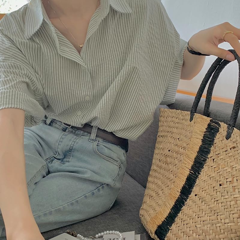 Short Striped Loose Summer [SPRING SEAON] Women's Shirt, Sleeve, Shirt, Top, V-Neck, Fit, Casual, Feminine, Cute, Top, Spring,