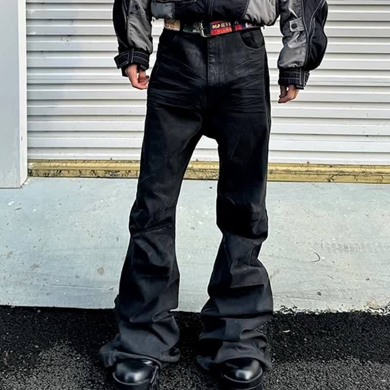 RO style American dark tide brand hand-brushed wax coating elastic micro-pull jeans bootcut floor mopping men's pants