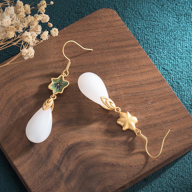 Chinese Retro Cloisonné Tassel Earrings with Hetian Jade