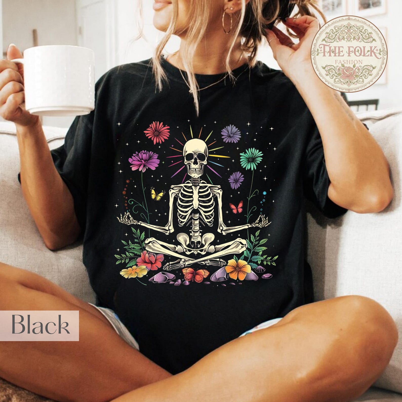 Meditating Skeleton Shirt, Yoga Skeleton Tee, Hippie Floral Skeleton T-Shirt, Zen Halloween Gift, Spooky Yoga Top, Botanical Skeleton Tee S