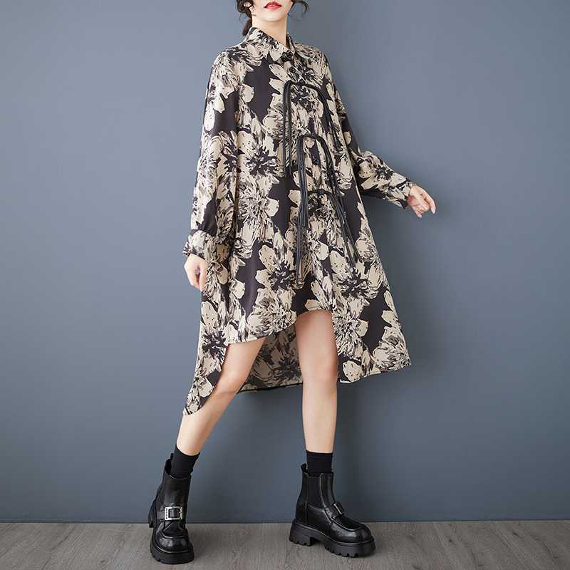 Spring and Autumn Mid-length Button-down Shirt Dresses